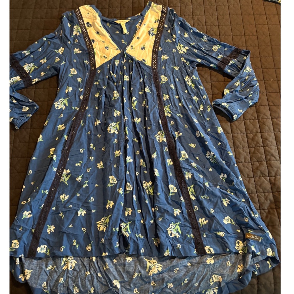 Matilda Jane Blue Floral Crochet Lace V-Neck High Low Tunic Dress Womens Medium